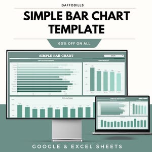 Puede incluir: Un monitor de computadora y una computadora portátil que muestran una plantilla de gráfico de barras simple. La plantilla incluye visualizaciones de datos con barras verdes y el texto "SIMPLE BAR CHART TEMPLATE". La imagen también incluye el texto "GOOGLE & EXCEL SHEETS".