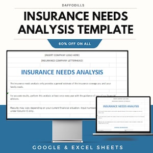 Op de afbeelding: Een digitale sjabloon voor de analyse van verzekeringsbehoeften, weergegeven op een desktopmonitor en een laptop. De sjabloon bevat de tekst "Insurance Needs Analysis" en is ontworpen voor gebruik met Google en Excel Sheets. De afbeelding bevat ook de tekst "60% OFF ON ALL".
