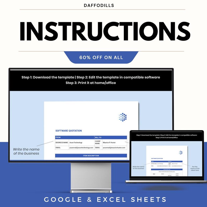 May include: A computer monitor and laptop display a software quotation template. The word "INSTRUCTIONS" is prominently displayed above a banner that reads "60% OFF ON ALL." The text "GOOGLE & EXCEL SHEETS" is at the bottom.