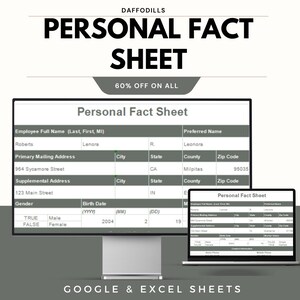 Könnte beinhalten: Ein Computerbildschirm und ein Laptop, die ein "Persönliches Fact Sheet" anzeigen. Das Sheet enthält Felder für Name, Adresse und Geburtsdatum. Der Text "GOOGLE & EXCEL SHEETS" steht unten, mit dem Daffodils-Logo oben. 60% Rabatt auf alles.