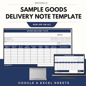 May include: A digital goods delivery note template displayed on a computer monitor and laptop. The template includes fields for invoice details, supplies, and project codes. Text on the image includes "Sample Goods Delivery Note Template" and "60% Off On All."