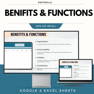 Pode incluir: Um gr&aacute;fico de marketing digital com o texto "BENIFITS & FUNCTIONS" e "60% OFF ON ALL". A imagem mostra um monitor de computador e um laptop exibindo uma planilha com marcadores sobre organiza&ccedil;&atilde;o, responsabilidade, visibilidade e prioriza&ccedil;&atilde;o. O texto "GOOGLE & EXCEL SHEETS" est&aacute; na parte inferior.