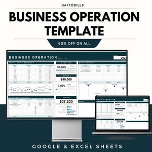 Könnte beinhalten: Eine digitale Vorlage für Geschäftsabläufe, die auf einem Desktop-Monitor und einem Laptop angezeigt wird. Die Vorlage enthält Diagramme, Grafiken und Finanzdaten. Der Text auf dem Bild lautet "Business Operation Template", "60% Off On All" und "Google & Excel Sheets".