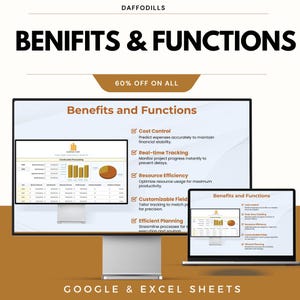 Op de afbeelding: Een computerscherm toont "Benefits and Functions" met belangrijke punten zoals kostenbeheersing en real-time tracking. De tekst "GOOGLE & EXCEL SHEETS" staat onderaan. De afbeelding toont ook een 60% kortingsactie.