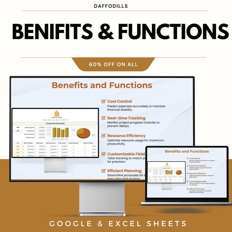 Op de afbeelding: Een computerscherm toont "Benefits and Functions" met belangrijke punten zoals kostenbeheersing en real-time tracking. De tekst "GOOGLE & EXCEL SHEETS" staat onderaan. De afbeelding toont ook een 60% kortingsactie.