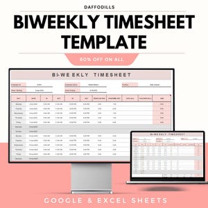 Pode incluir: Um modelo de folha de ponto quinzenal exibido em um monitor de computador e um laptop. O modelo é rosa e branco, com colunas para datas, horários e totais. O texto "BIWEEKLY TIMESHEET TEMPLATE" está no topo.