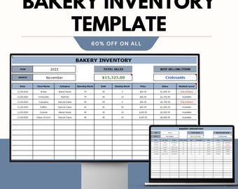 Sjabloon bakkerijvoorraad voor Google en Excel Spreadsheets: eenvoudig voorraadbeheer, ingrediëntentracking en orderbeheer