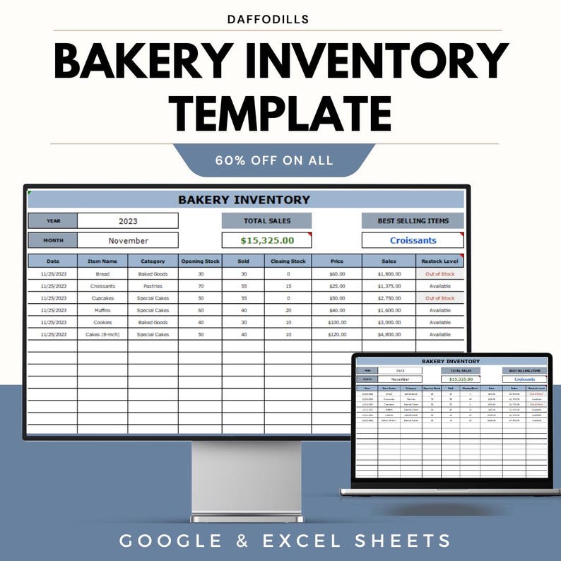 Clear Inventory Text Bakery Inventory Template for Google and Excel Sheets – Easy Stock ...