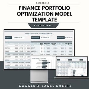 Könnte beinhalten: Eine digitale Vorlage für ein Finanzportfolio-Optimierungsmodell, die auf einem Desktop-Monitor und einem Laptop angezeigt wird. Die Vorlage enthält Datentabellen, Diagramme und den Text "FINANCE PORTFOLIO OPTIMIZATION MODEL TEMPLATE" und "60% OFF ON ALL". Für Google & Excel Sheets.