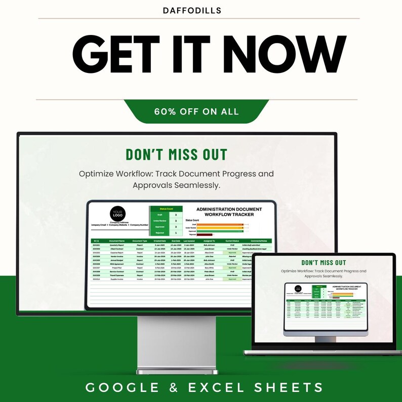 May include: An advertisement featuring the words "GET IT NOW" in large black font. A green banner states "60% OFF ON ALL." The image displays a desktop computer and a laptop, both showing a workflow tracker. The text "DON'T MISS OUT" is also present.