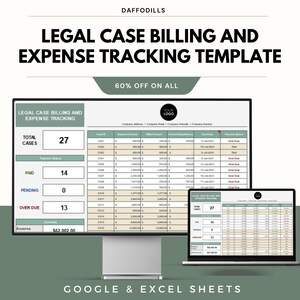 May include: A computer monitor and laptop display a legal case billing and expense tracking template. The template shows total cases, payment status, and expense summaries. The text reads "Legal Case Billing and Expense Tracking Template" and "60% Off On All."