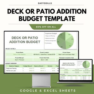 Puede incluir: Un monitor de computadora y una computadora portátil muestran una "Plantilla de presupuesto de adición de terraza o patio". La plantilla incluye detalles del presupuesto, detalles del proyecto y un gráfico del presupuesto de gastos. También es visible el texto "60% DE DESCUENTO EN TODO".