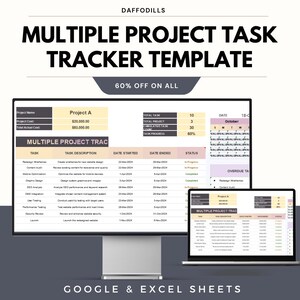 May include: A digital template for project tracking, displayed on a computer monitor and a laptop. The template is labeled "MULTIPLE PROJECT TASK TRACKER TEMPLATE" and includes sections for task descriptions, dates, and status updates. The text "GOOGLE & EXCEL SHEETS" is also visible.