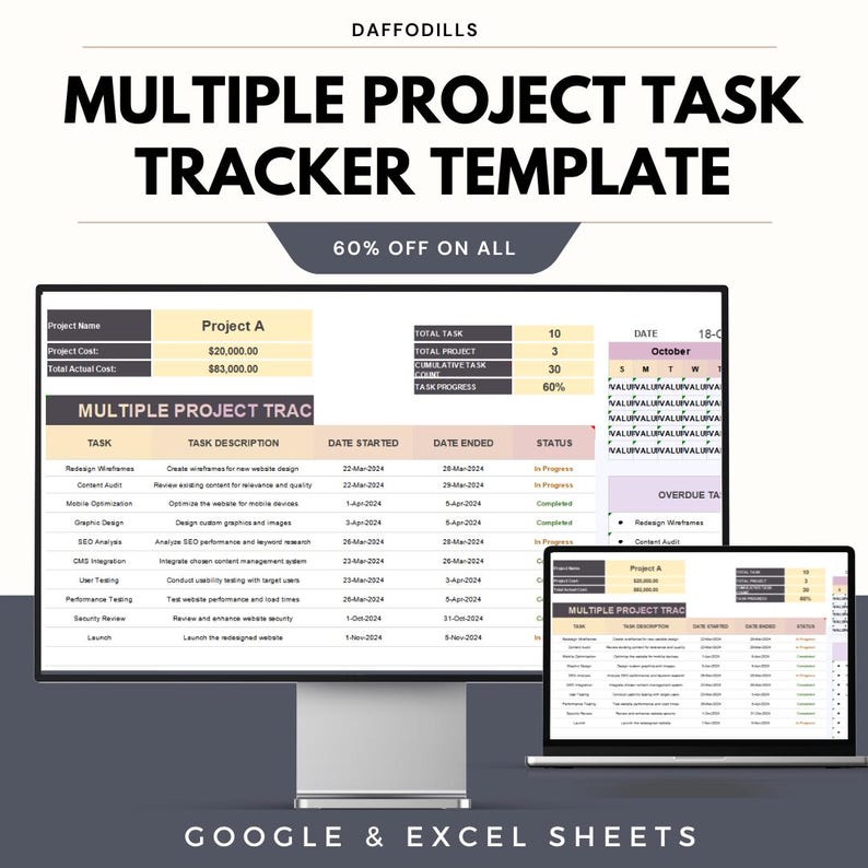 May include: A digital template for project tracking, displayed on a computer monitor and a laptop. The template is labeled "MULTIPLE PROJECT TASK TRACKER TEMPLATE" and includes sections for task descriptions, dates, and status updates. The text "GOOGLE & EXCEL SHEETS" is also visible.