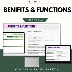 K&ouml;nnte beinhalten: Ein Computermonitor mit der Aufschrift "BENIFITS & FUNCTIONS" und "60% OFF ON ALL". Der Bildschirm zeigt eine Tabelle mit Finanzdaten und Aufz&auml;hlungspunkten, die Vorteile wie "Enhanced Efficiency" und "Improved Organization" beschreiben. Der Text "GOOGLE & EXCEL SHEETS" steht unten.