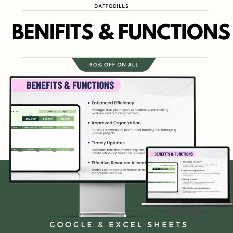 K&ouml;nnte beinhalten: Ein Computermonitor mit der Aufschrift "BENIFITS & FUNCTIONS" und "60% OFF ON ALL". Der Bildschirm zeigt eine Tabelle mit Finanzdaten und Aufz&auml;hlungspunkten, die Vorteile wie "Enhanced Efficiency" und "Improved Organization" beschreiben. Der Text "GOOGLE & EXCEL SHEETS" steht unten.
