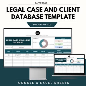 May include: A computer monitor and laptop display a legal case and client database template. The template includes sections for case details, payments, and case status. The text reads "Legal Case and Client Database Template" and "60% Off On All".