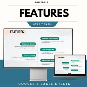 Pode incluir: Um gr&aacute;fico digital que promove o Google & Excel Sheets. A palavra "FEATURES" &eacute; exibida de forma proeminente, juntamente com uma promo&ccedil;&atilde;o de 60% de desconto. O gr&aacute;fico destaca recursos como "Assigned Owner", "Priority Levels" e "Problem Description" em uma tela de computador e um laptop.