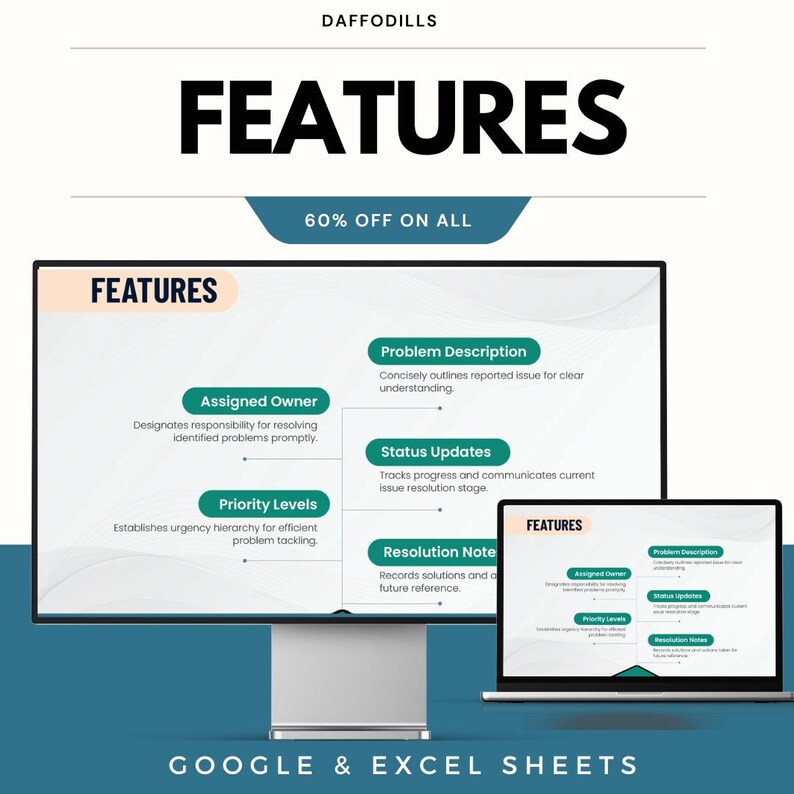 Pode incluir: Um gr&aacute;fico digital que promove o Google & Excel Sheets. A palavra "FEATURES" &eacute; exibida de forma proeminente, juntamente com uma promo&ccedil;&atilde;o de 60% de desconto. O gr&aacute;fico destaca recursos como "Assigned Owner", "Priority Levels" e "Problem Description" em uma tela de computador e um laptop.
