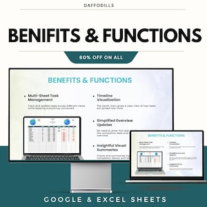 May include: A promotional image for Google & Excel Sheets, featuring two laptops displaying a spreadsheet interface. The text highlights benefits like multi-sheet task management, timeline visualization, and insightful visual summaries. The image also includes the text "60% OFF ON ALL".