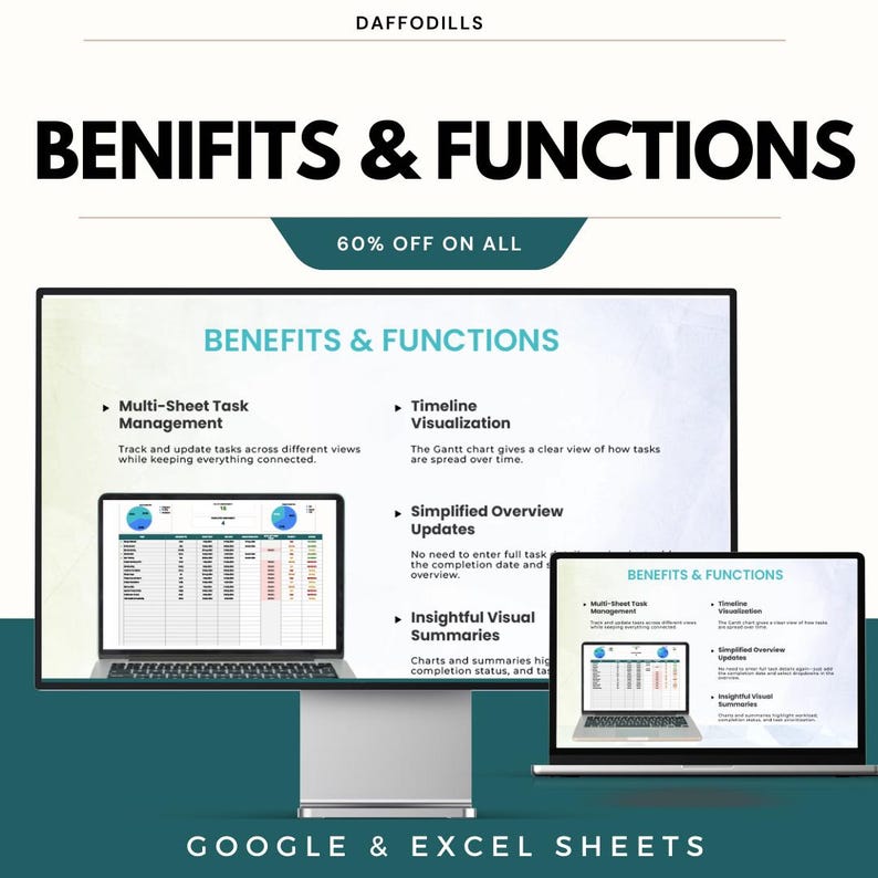 May include: A promotional image for Google & Excel Sheets, featuring two laptops displaying a spreadsheet interface. The text highlights benefits like multi-sheet task management, timeline visualization, and insightful visual summaries. The image also includes the text "60% OFF ON ALL".