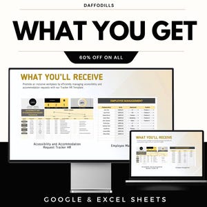 Puede incluir: Imagen promocional de Daffodils, con un monitor de computadora y una computadora port&aacute;til que muestran hojas de c&aacute;lculo. El texto dice "WHAT YOU GET" y "WHAT YOU'LL RECEIVE", con detalles sobre el seguimiento de solicitudes de accesibilidad y alojamiento. La imagen tambi&eacute;n indica "60% DE DESCUENTO EN TODO" y "GOOGLE & EXCEL SHEETS".
