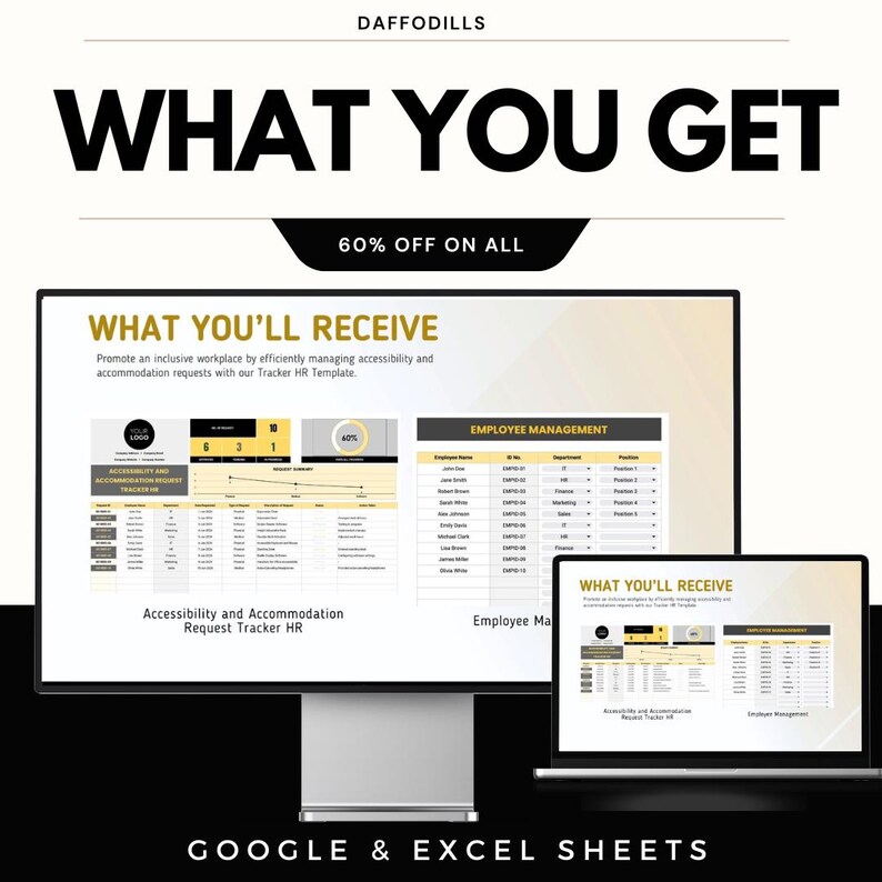 Puede incluir: Imagen promocional de Daffodils, con un monitor de computadora y una computadora port&aacute;til que muestran hojas de c&aacute;lculo. El texto dice "WHAT YOU GET" y "WHAT YOU'LL RECEIVE", con detalles sobre el seguimiento de solicitudes de accesibilidad y alojamiento. La imagen tambi&eacute;n indica "60% DE DESCUENTO EN TODO" y "GOOGLE & EXCEL SHEETS".