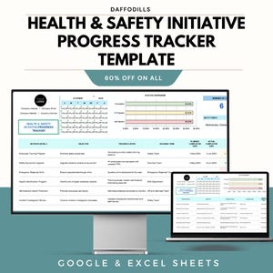 May include: A digital template for a Health & Safety Initiative Progress Tracker, displayed on a computer monitor and laptop. The template includes sections for initiative details, objectives, progress notes, and assigned teams. The text "60% OFF ON ALL" is also visible.