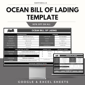 May include: A digital template for an Ocean Bill of Lading, displayed on a computer monitor and laptop. The template includes fields for shipper, consignee, and other shipping details. The text "60% OFF ON ALL" is also visible.
