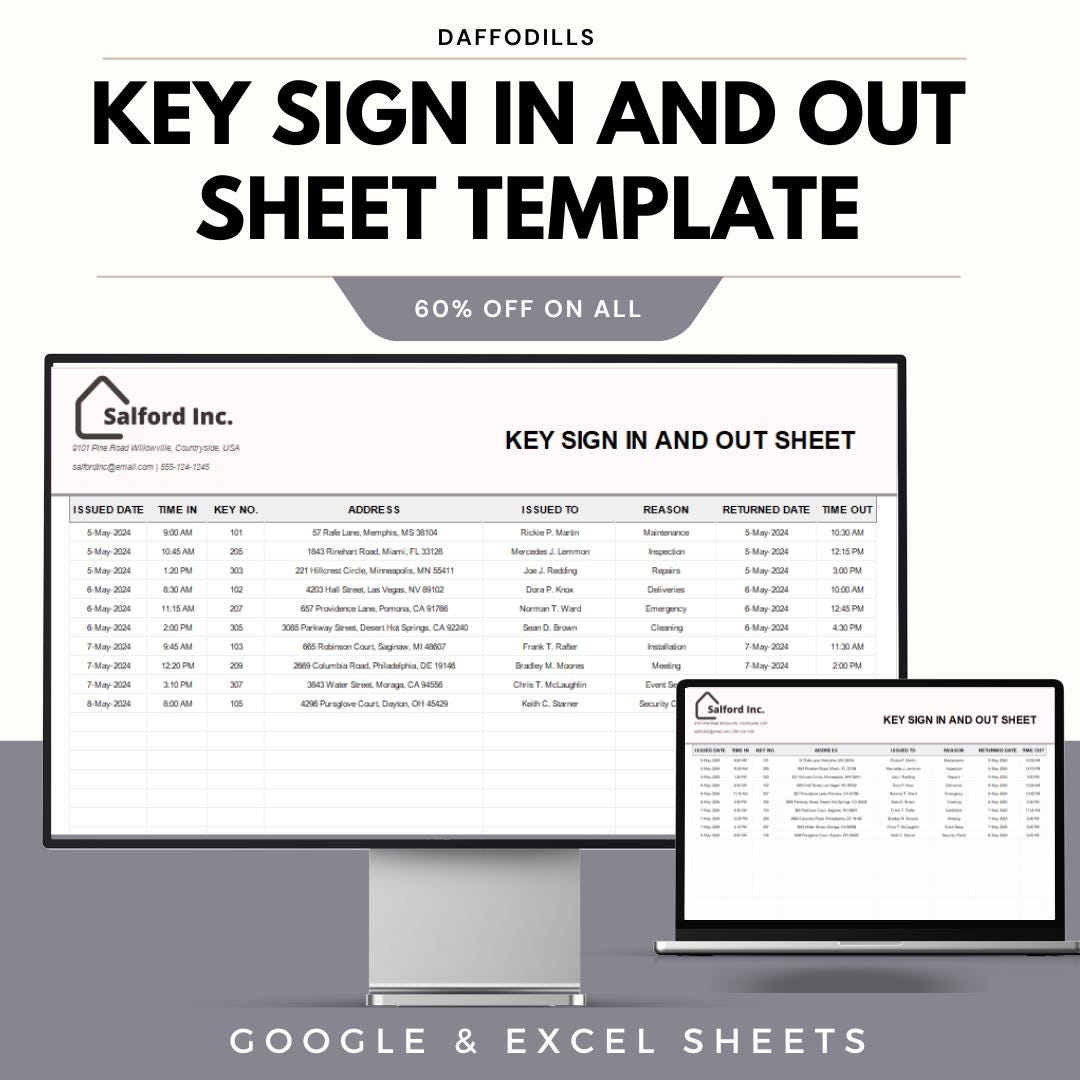 Key Sign in and Out Sheet Template, Key Management Log, Key Control ...