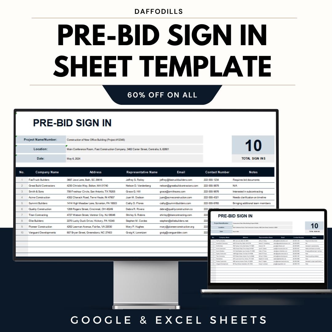 Pre-bid Sign in Sheet Template, Editable Contractor Meeting Attendance ...