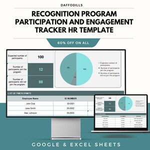 May include: A digital HR template on a computer monitor and laptop, displaying a recognition program tracker. The template includes charts and data tables with employee names and ID numbers. The text reads "Recognition Program Participation and Engagement Tracker HR Template."