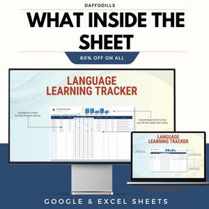 Op de afbeelding: Een computerscherm en een laptop tonen een "Language Learning Tracker" spreadsheet. De tekst "WHAT INSIDE THE SHEET" en "60% OFF ON ALL" zijn zichtbaar. De onderkant van de afbeelding luidt "GOOGLE & EXCEL SHEETS".