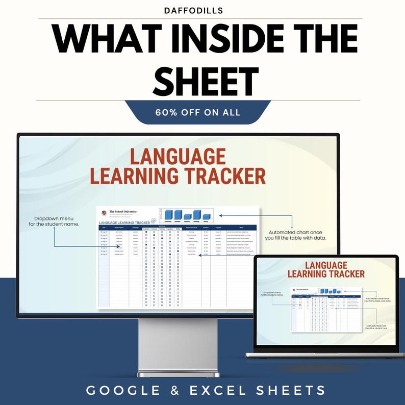 Op de afbeelding: Een computerscherm en een laptop tonen een "Language Learning Tracker" spreadsheet. De tekst "WHAT INSIDE THE SHEET" en "60% OFF ON ALL" zijn zichtbaar. De onderkant van de afbeelding luidt "GOOGLE & EXCEL SHEETS".