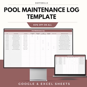 Könnte beinhalten: Ein Computermonitor und ein Laptop zeigen eine Vorlage für ein Poolwartungsprotokoll. Die Vorlage enthält Abschnitte für Aufgabenbeschreibungen, Wasserchemie und zusätzliche Notizen. Der Text "POOL MAINTENANCE LOG TEMPLATE" wird in großen, fetten Buchstaben angezeigt.