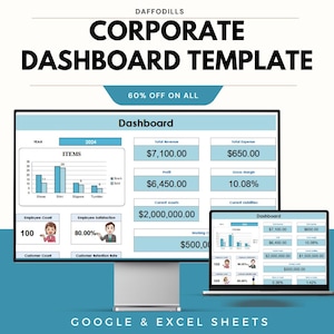 May include: A digital corporate dashboard template with the text "CORPORATE DASHBOARD TEMPLATE" and "60% OFF ON ALL". The dashboard displays financial data, charts, and graphs on a computer monitor and laptop. The text "GOOGLE & EXCEL SHEETS" is at the bottom.