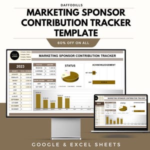Può includere: Un modello digitale di monitoraggio dei contributi degli sponsor di marketing visualizzato su un monitor desktop e un laptop. Il modello include grafici, grafici e tabelle di dati. Il testo sullo schermo recita "MARKETING SPONSOR CONTRIBUTION TRACKER TEMPLATE" e "60% OFF ON ALL".