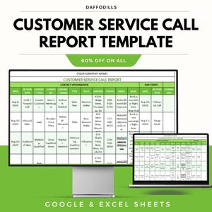May include: A digital template for a customer service call report, displayed on a computer monitor and a laptop. The template includes fields for contact information, dates, and next steps. The text "CUSTOMER SERVICE CALL REPORT TEMPLATE" is prominently displayed.