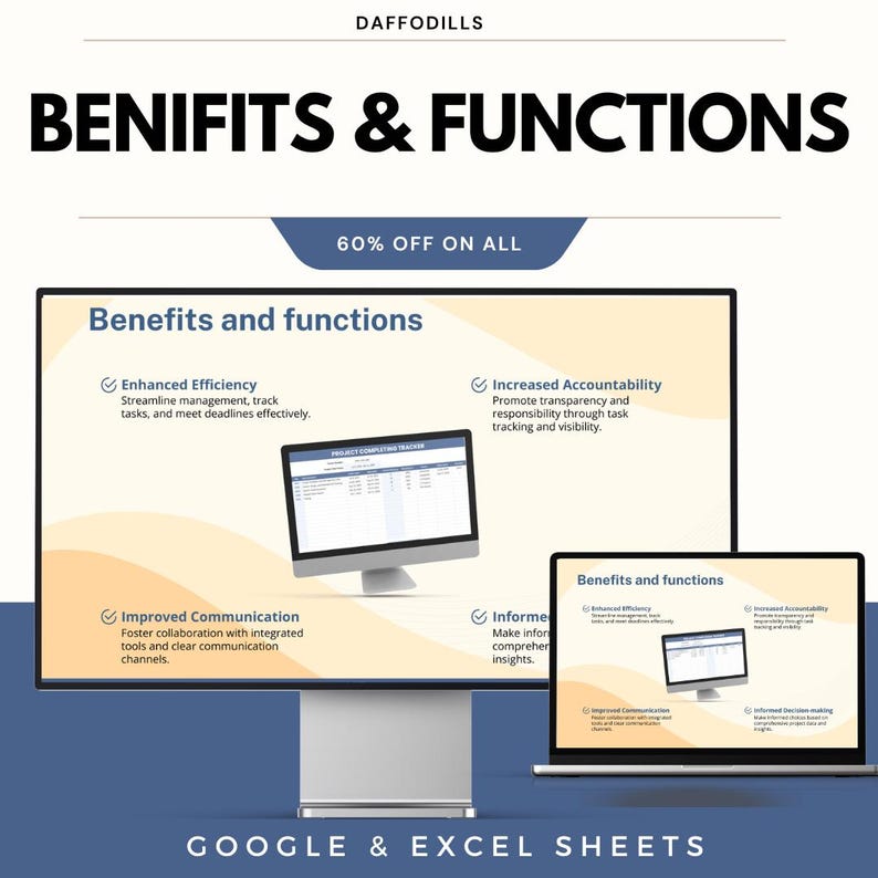 K&ouml;nnte beinhalten: Werbegrafik mit dem Text &bdquo;BENIFITS & FUNCTIONS&ldquo; und &bdquo;60 % RABATT AUF ALLES&ldquo;. Das Bild zeigt einen Computermonitor und einen Laptop, die die Vorteile von Google & Excel Sheets anzeigen.