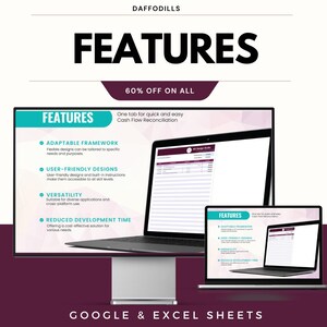 Pode incluir: Um an&uacute;ncio para Google & Excel Sheets, com a palavra "FEATURES" em letras pretas grandes. A imagem mostra um monitor de computador e dois laptops exibindo os recursos do software, incluindo estrutura adapt&aacute;vel e designs f&aacute;ceis de usar. O texto "60% OFF ON ALL" tamb&eacute;m &eacute; vis&iacute;vel.