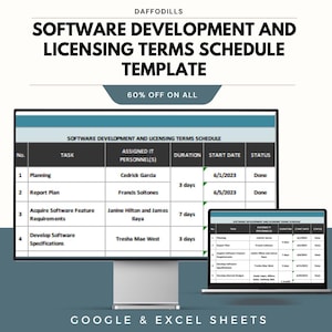 Peut inclure: Un écran d'ordinateur et un ordinateur portable affichant un modèle de calendrier des conditions de développement et de licence de logiciels. Le modèle comprend des colonnes pour la tâche, le personnel, la durée, la date de début et le statut. Le texte sur l'image indique "60% DE RÉDUCTION SUR TOUT" et "GOOGLE & EXCEL SHEETS."