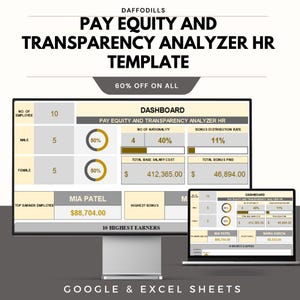 May include: A computer monitor and laptop display a pay equity and transparency analyzer HR template. The template includes data visualizations, charts, and financial figures. The text on the screen reads "Pay Equity and Transparency Analyzer HR Template" and "60% Off On All."