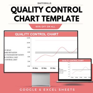 Könnte beinhalten: Ein Computermonitor und ein Laptop zeigen eine Vorlage für ein "Qualitätskontroll-Diagramm". Das Diagramm zeigt ein Liniendiagramm mit Datenpunkten und Kontrollgrenzen. Der Text "Quality Control Chart Template" und "Google & Excel Sheets" ist enthalten.