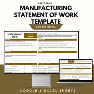 May include: A digital template for a manufacturing statement of work, displayed on a computer monitor and laptop. The template includes sections for objectives, deliverables, and budget. Text on the image reads "Manufacturing Statement of Work Template" and "60% off on all."
