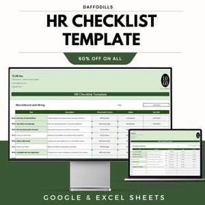 May include: A digital HR Checklist Template displayed on a desktop monitor and laptop. The template is green and white, with the text "HR Checklist Template" and "60% OFF ON ALL". The bottom of the image reads "GOOGLE & EXCEL SHEETS".
