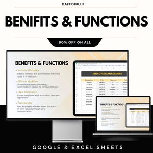 Puede incluir: Un gr&aacute;fico digital que promociona "BENIFITS & FUNCTIONS" con el texto "60% OFF ON ALL". La imagen muestra un monitor de computadora y una computadora port&aacute;til que muestran hojas de c&aacute;lculo y vi&ntilde;etas sobre los beneficios en el lugar de trabajo y la gesti&oacute;n de empleados. El texto "GOOGLE & EXCEL SHEETS" est&aacute; en la parte inferior.