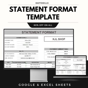 May include: A computer monitor and laptop display a statement format template. The template includes sections for statement details, a summary table, and billing information. The text reads "Statement Format Template" and "Google & Excel Sheets."