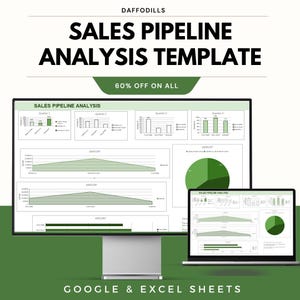 Könnte beinhalten: Eine digitale Sales Pipeline Analyse Vorlage, die auf einem Computermonitor und Laptop angezeigt wird. Die Vorlage enthält Diagramme und Grafiken mit grünem und weißem Farbschema. Text enthält "SALES PIPELINE ANALYSIS TEMPLATE" und "60% OFF ON ALL". Kompatibel mit Google & Excel Sheets.
