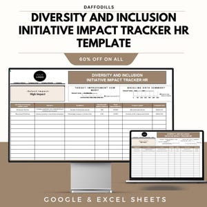 May include: A computer monitor and laptop displaying a "Diversity and Inclusion Initiative Impact Tracker HR Template." The template includes sections for target improvement, baseline data, and key metrics. The text "60% OFF ON ALL" is also visible.