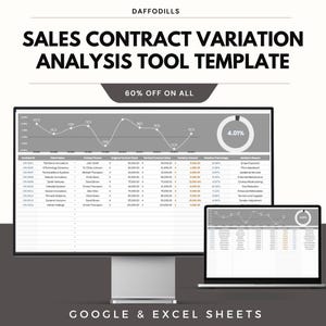 May include: A computer monitor and laptop display a sales contract variation analysis tool template. The template includes charts, data tables, and the text "60% OFF ON ALL". The template is designed for Google & Excel Sheets.